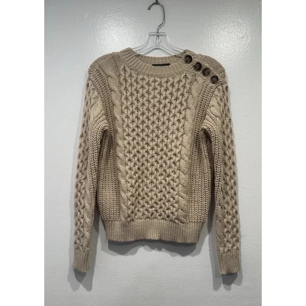 Ann Taylor Beige Cable Knit Sweater Petite Small Buttons Preppy Old Money Chic